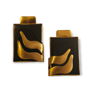 Stunning Brutalist Artisan Brass and Black Enamel Clip On Vintage Earrings
