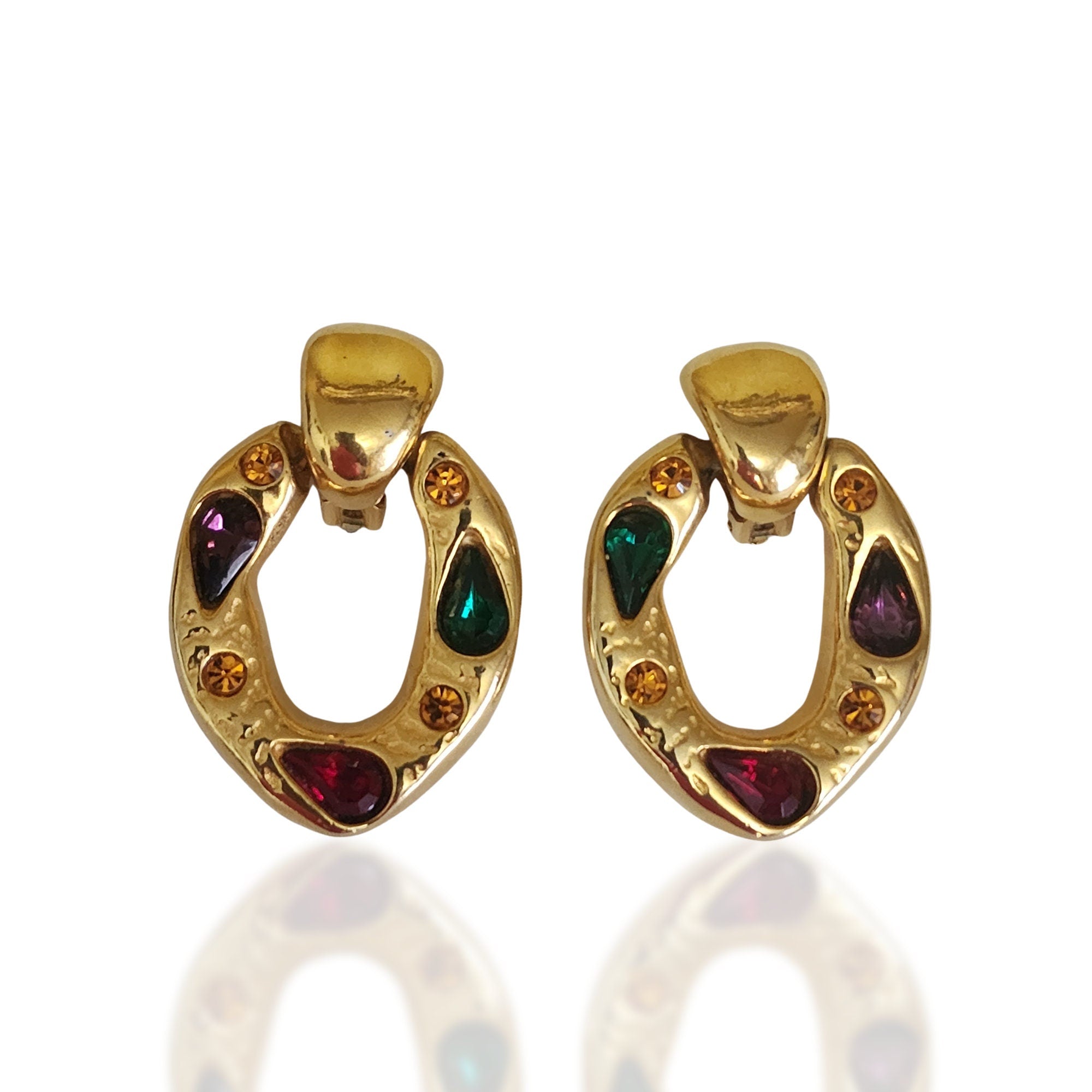 French Moghul Glass Gold Plated Doorknockers Vintage Earrings, 80s Earrings