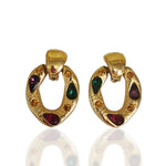 French Moghul Glass Gold Plated Doorknockers Vintage Earrings, 80s Earrings