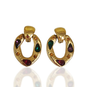 French Moghul Glass Gold Plated Doorknockers Vintage Earrings, 80s Earrings