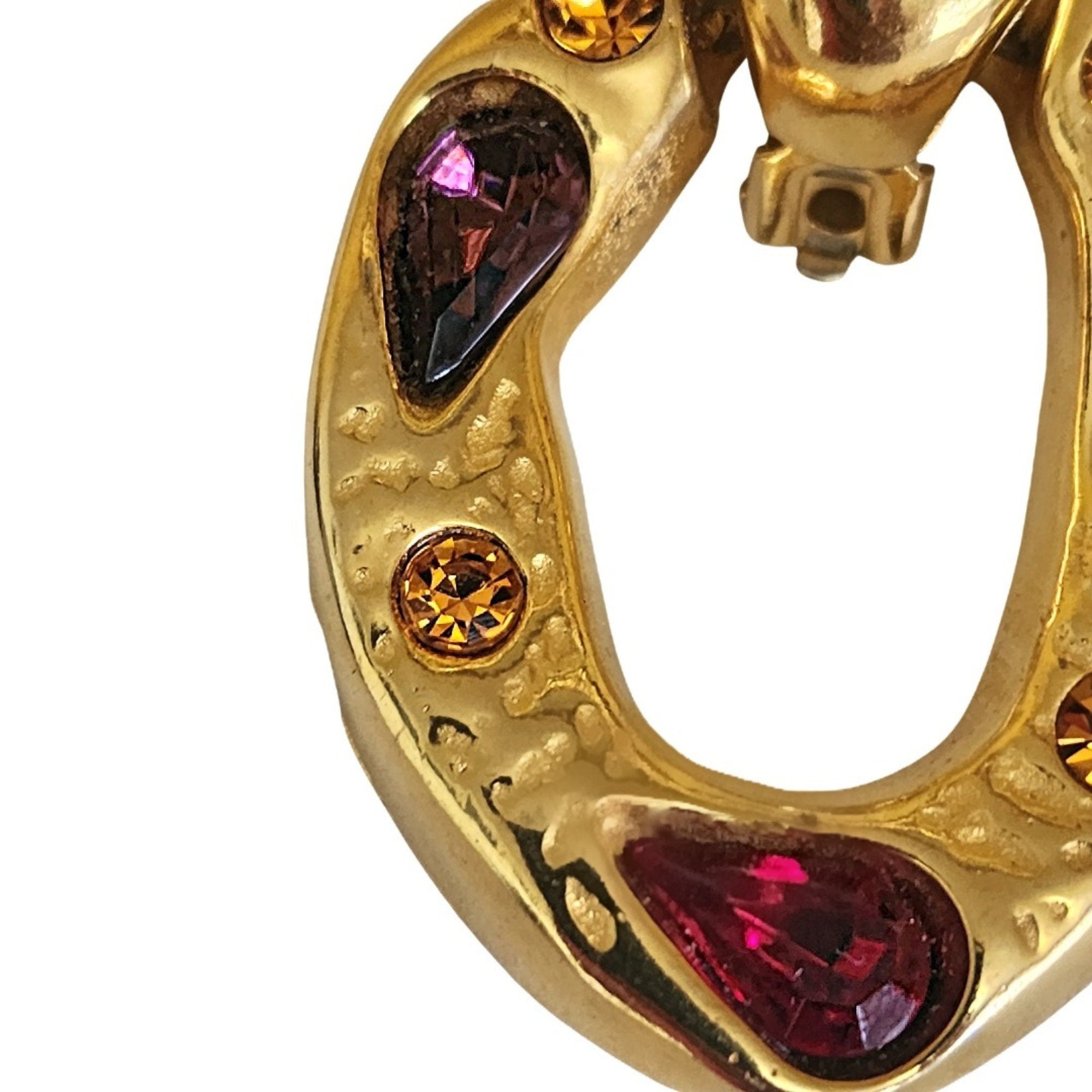 French Moghul Glass Gold Plated Doorknockers Vintage Earrings, 80s Earrings
