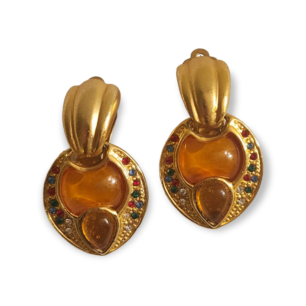 Beautiful French Mogul Gripoix Cabochon Vintage Clip On Earrings, Runway Couture