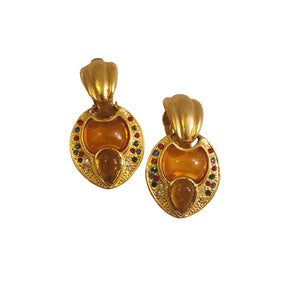 Beautiful French Mogul Gripoix Cabochon Vintage Clip On Earrings, Runway Couture