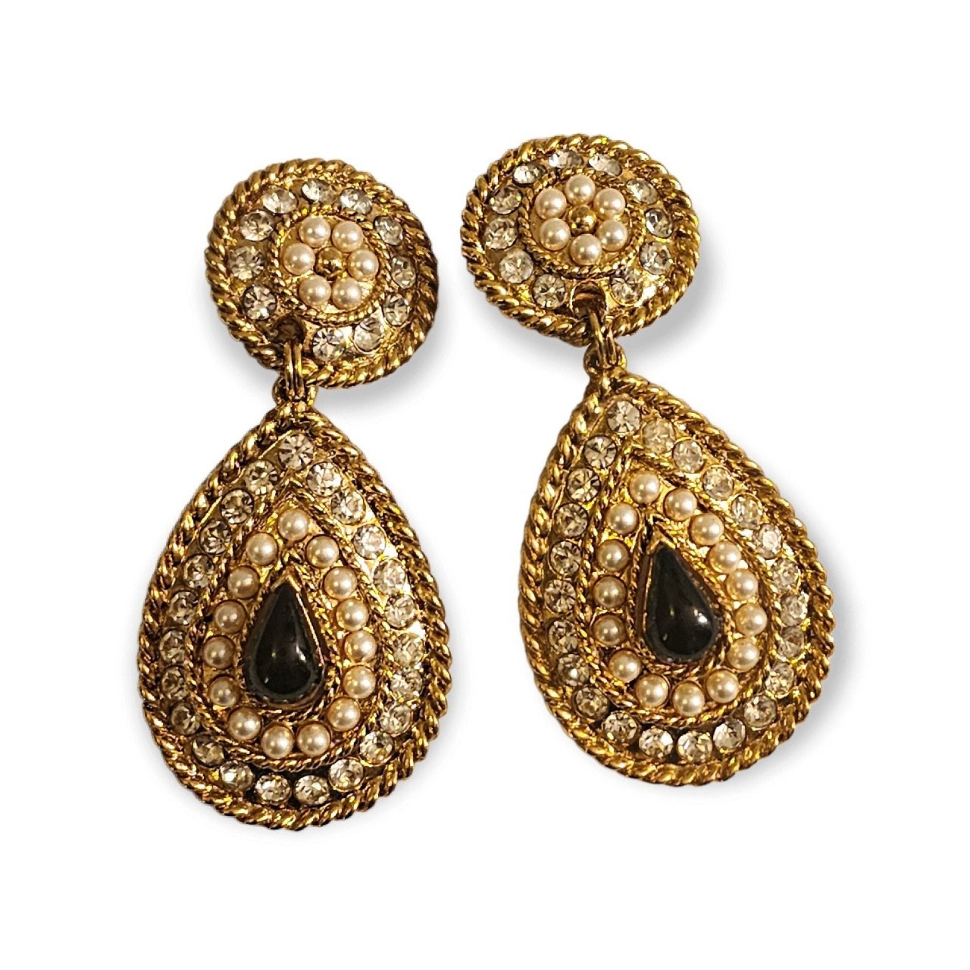 CRAFT Dangle Drop Pearl Black Crystals Vintage Gold Plated Clip On Earrings