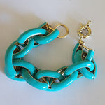 Chunky Statement Link Turquoise, Crystal, Cream Gold Tone Bracelet