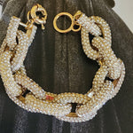 Chunky Statement Link Turquoise, Crystal, Cream Gold Tone Bracelet