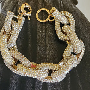 Chunky Statement Link Turquoise, Crystal, Cream Gold Tone Bracelet