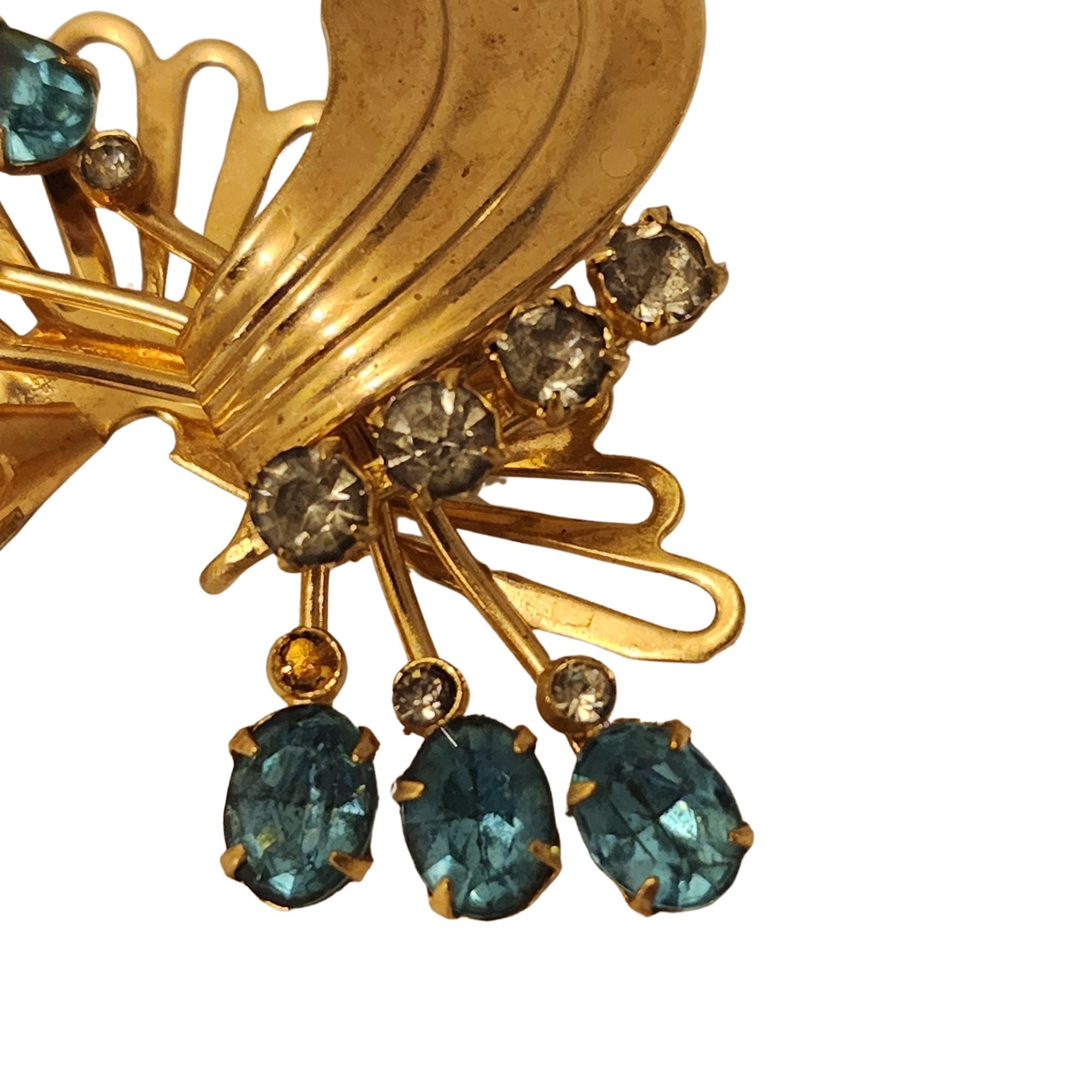 Aquamarine Clear Crystals Vintage Brooch Gold Plated 1/20 12K