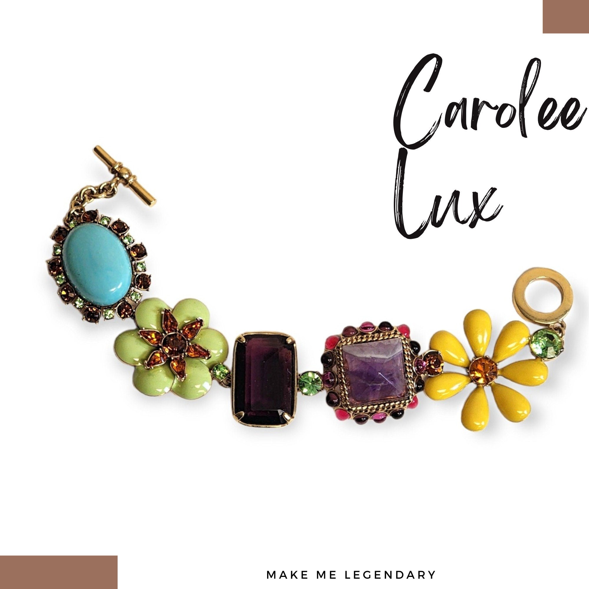 Beautiful CAROLEE LUX Flower Crystal Enamel Flower Cabochon Vintage Toggle Bracelet