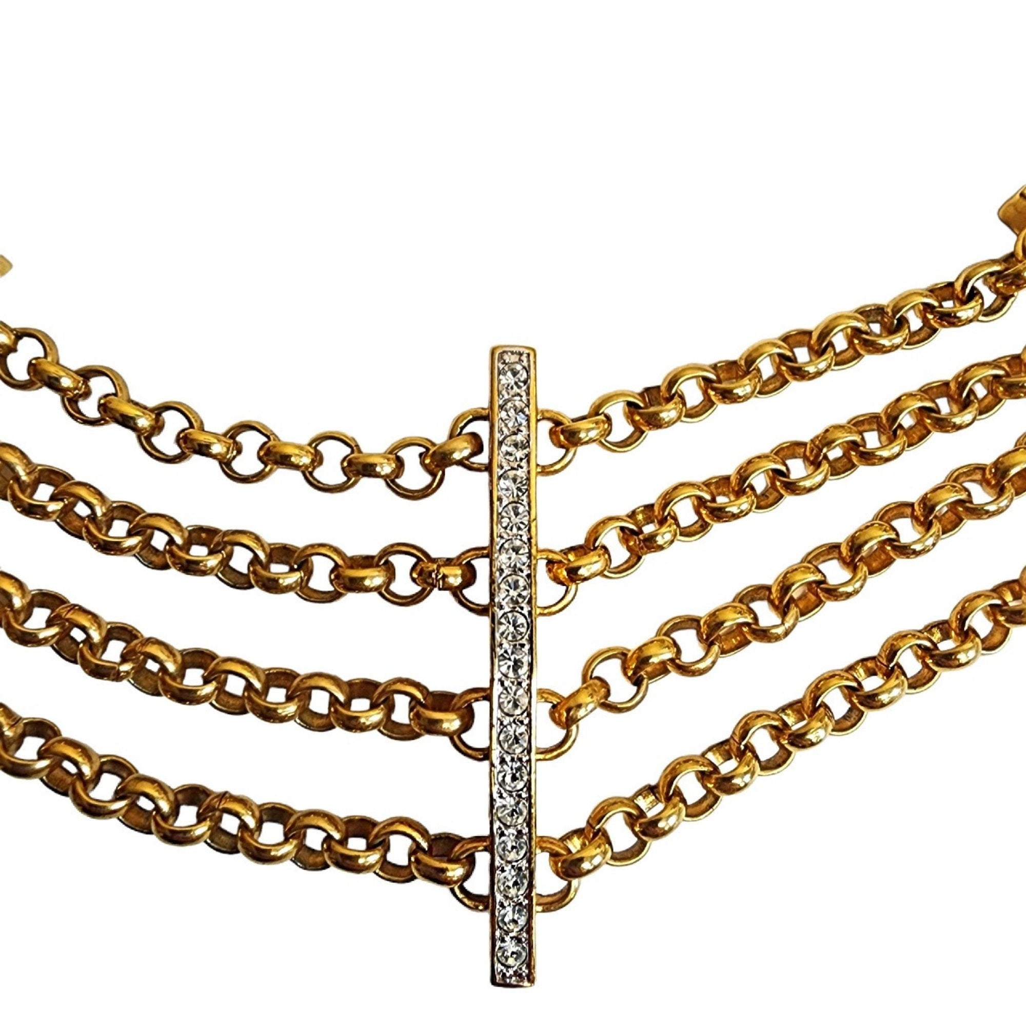 ERWIN PEARL Four Strand Web Gold Plated Pave Rhinestone Vintage Rolo Link Necklace