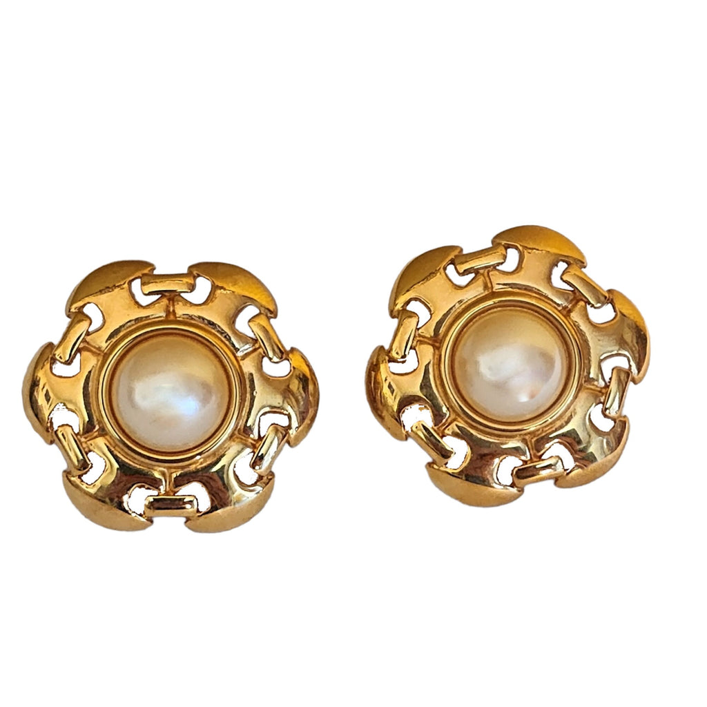 MONET Faux Mabe Pearl Gold Plated Clip On Vintage Earrings, Greek Key Earrings