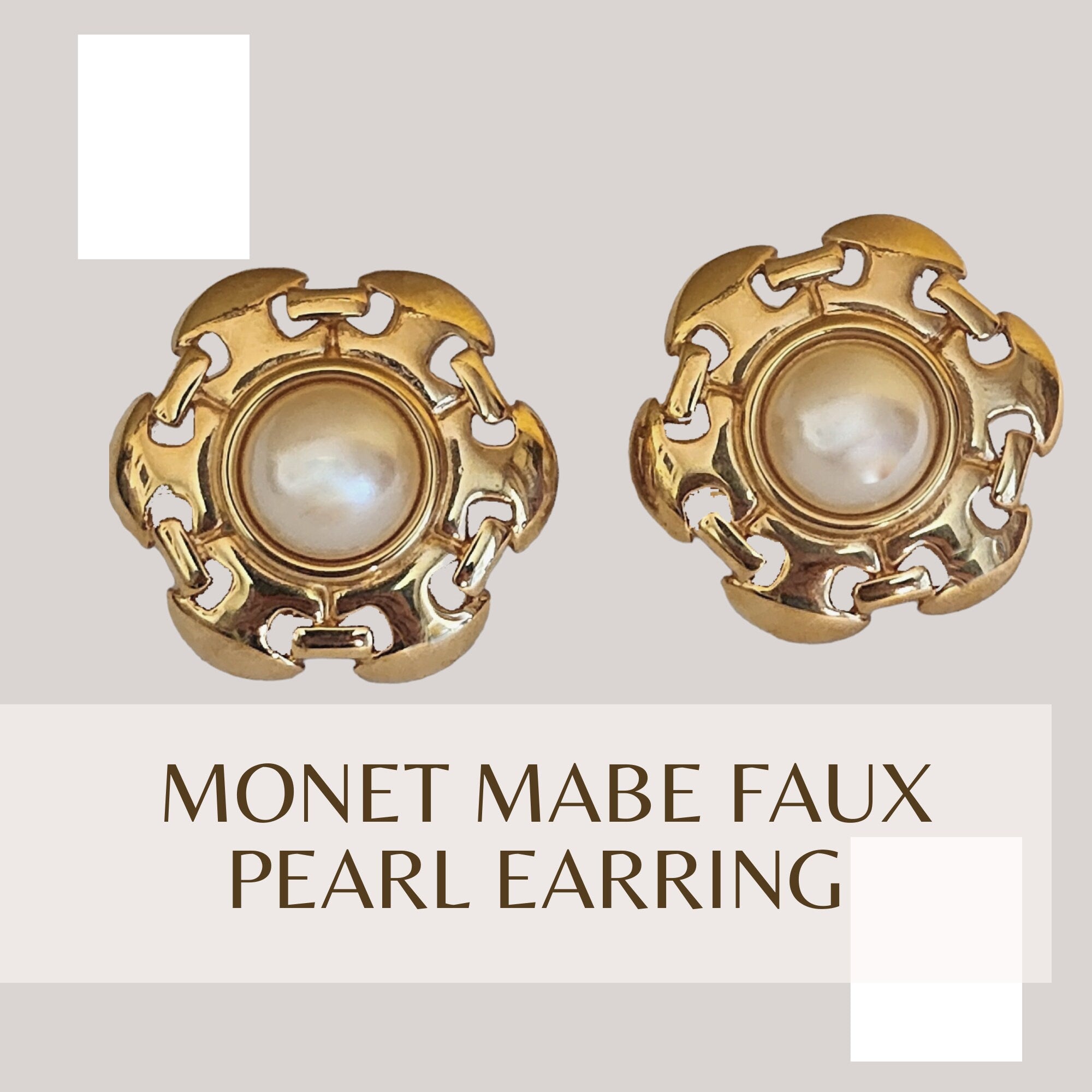 MONET Faux Mabe Pearl Gold Plated Clip On Vintage Earrings, Greek Key Earrings