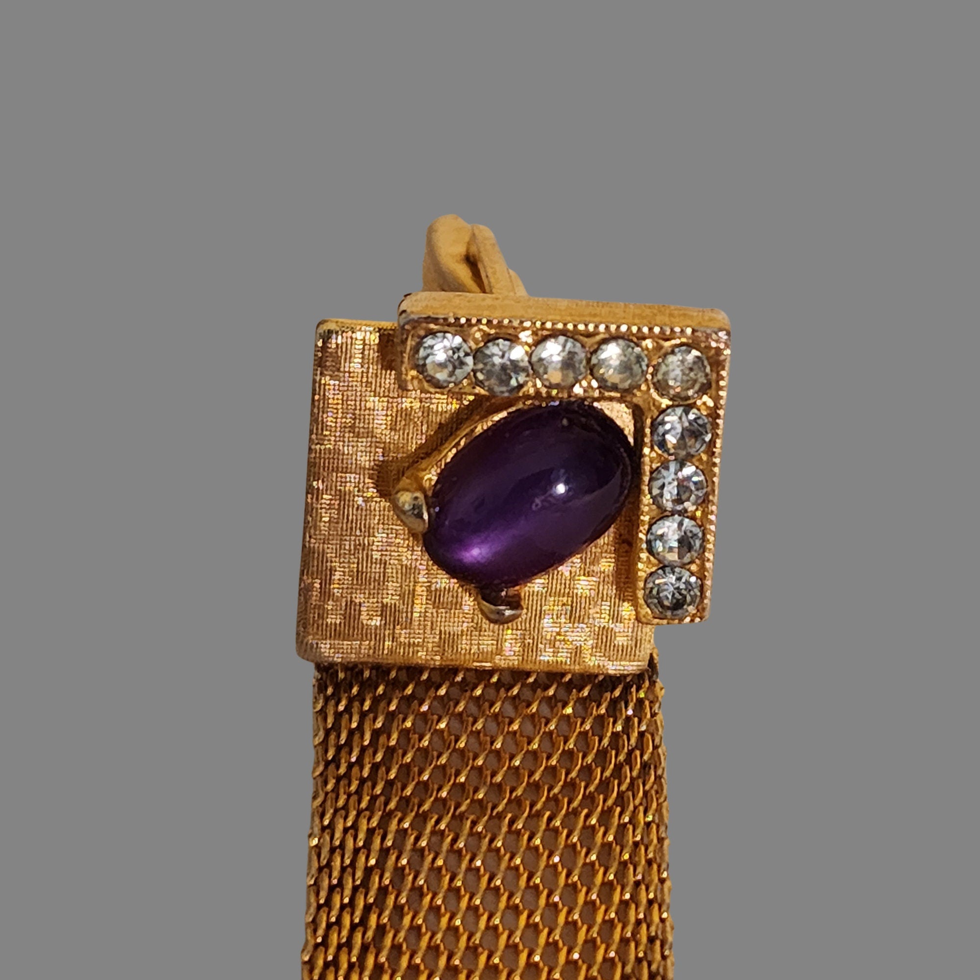 Amethyst Diamante' Gold Plated Mesh Vintage Cufflinks