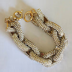 Chunky Statement Link Turquoise, Crystal, Cream Gold Tone Bracelet