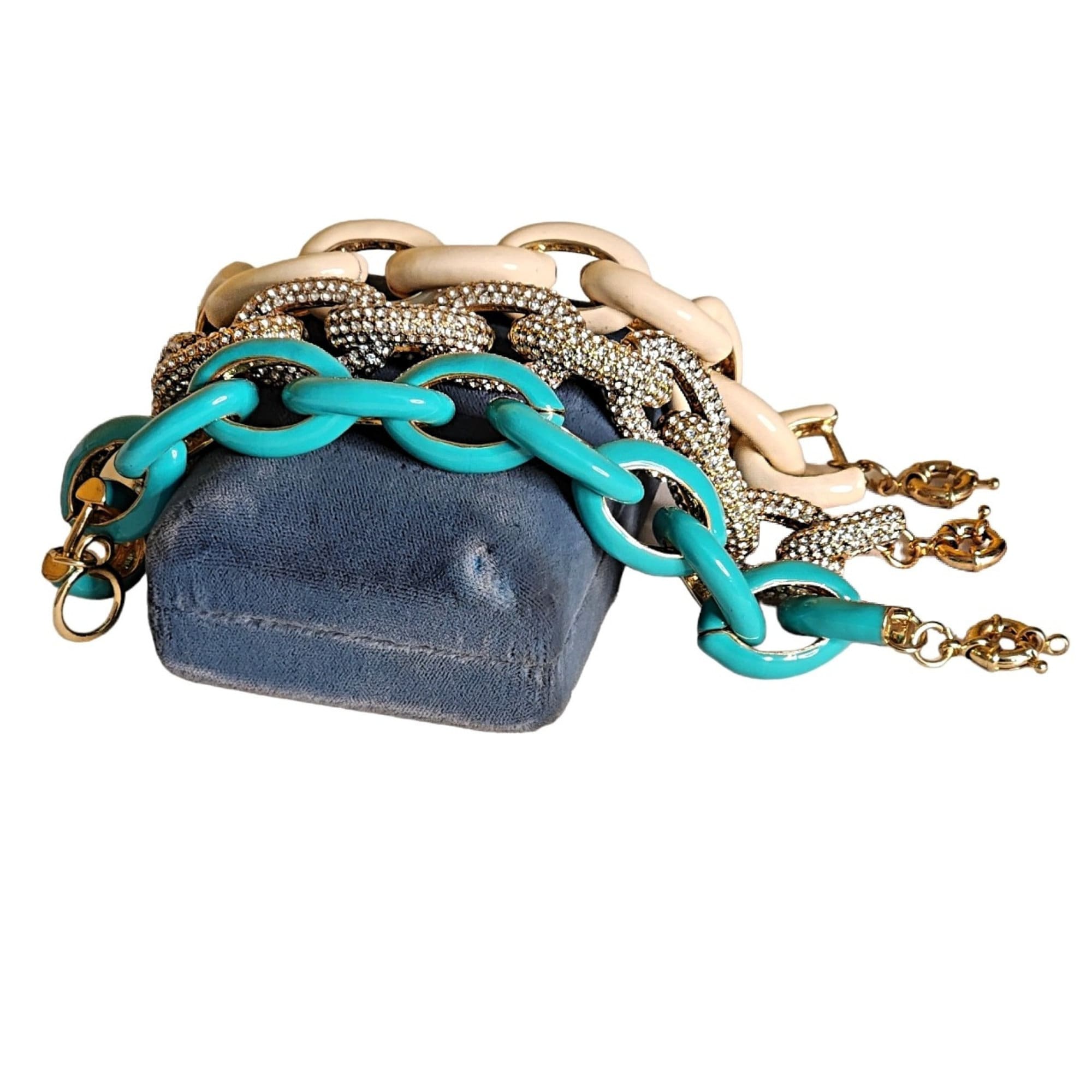 Chunky Statement Link Turquoise, Crystal, Cream Gold Tone Bracelet