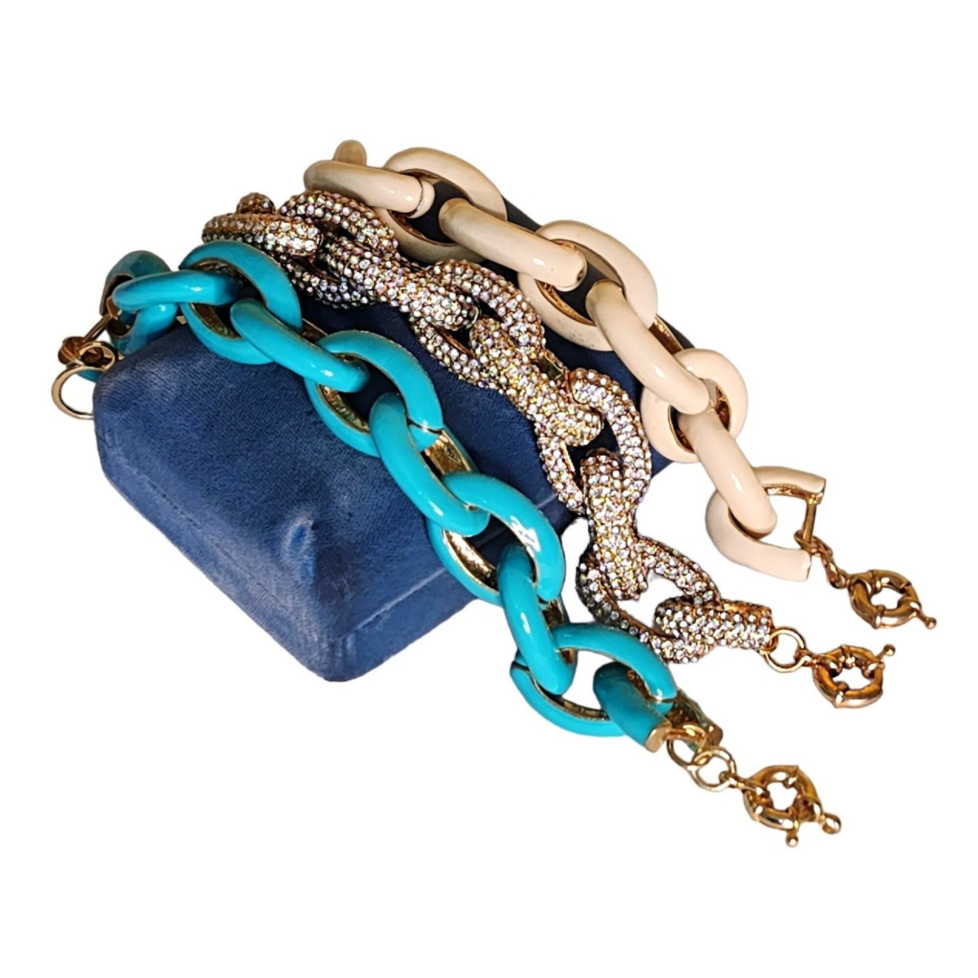 Chunky Statement Link Turquoise, Crystal, Cream Gold Tone Bracelet