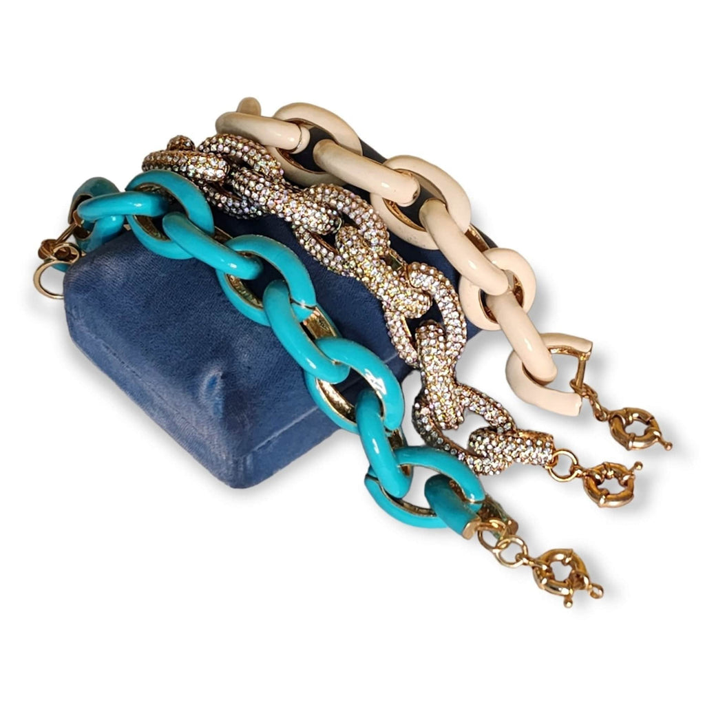 Chunky Statement Link Turquoise, Crystal, Cream Gold Tone Bracelet