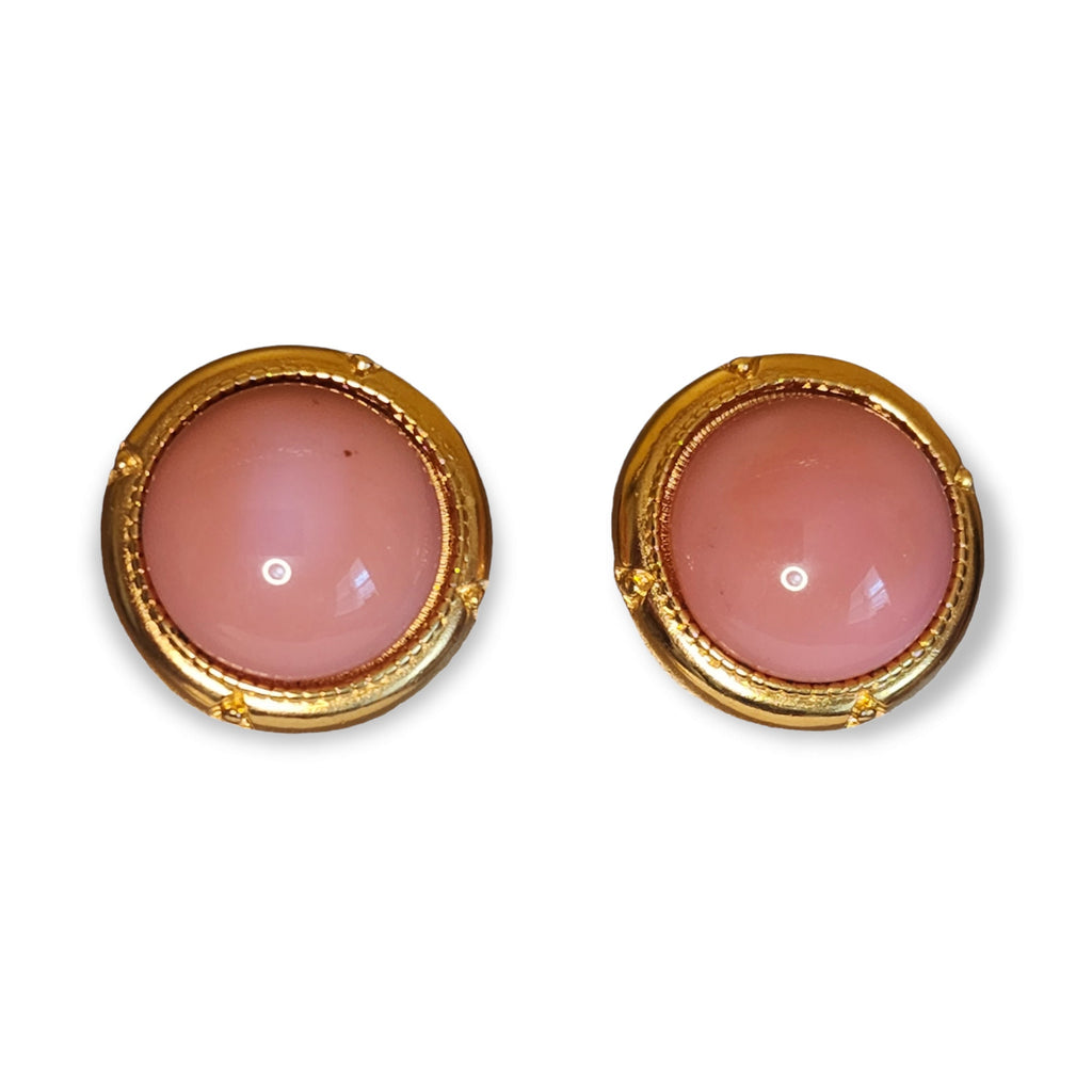 TRIFARI Pink Cabochon Gold Plated Clip On Vintage Earrings