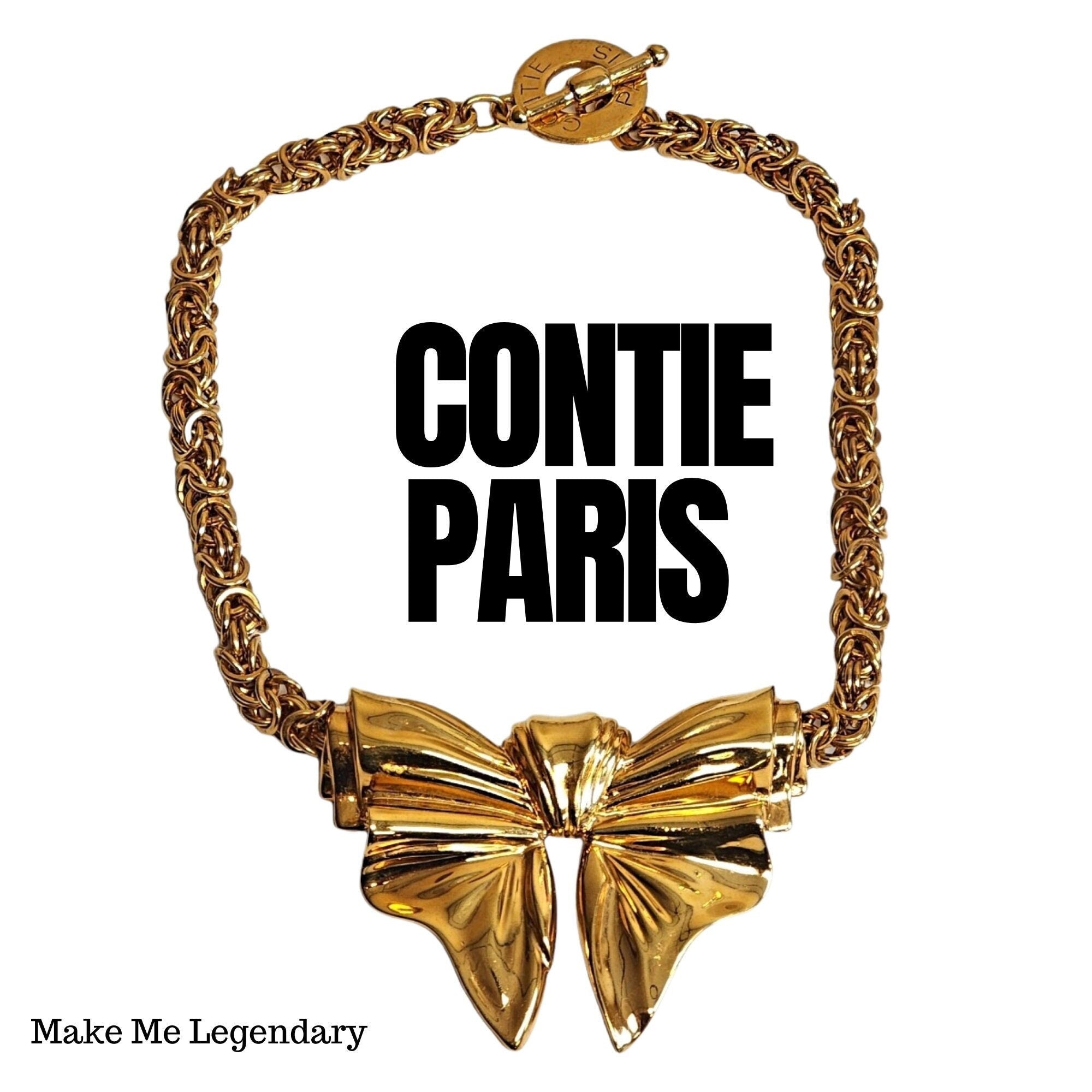 Gorgeous French CONTIE PARIS Butterfly Gold Plated Byzantine Chain Vintage Necklace