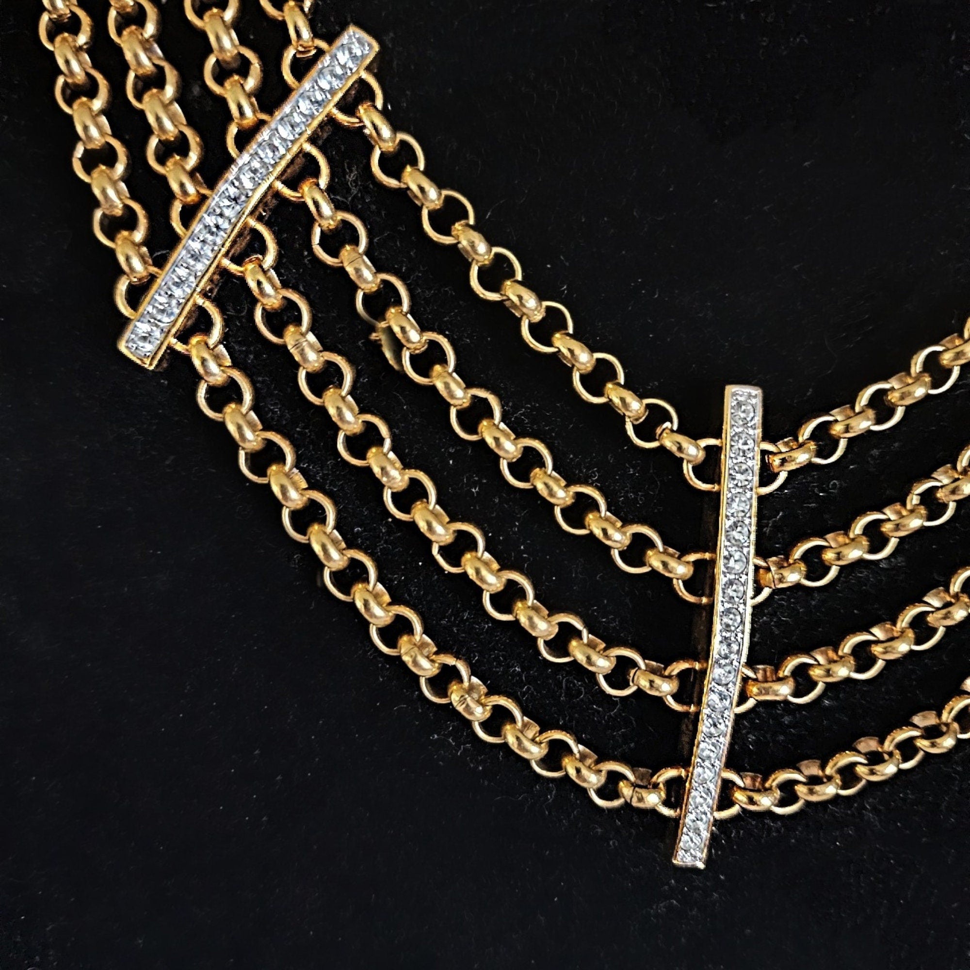ERWIN PEARL Four Strand Web Gold Plated Pave Rhinestone Vintage Rolo Link Necklace