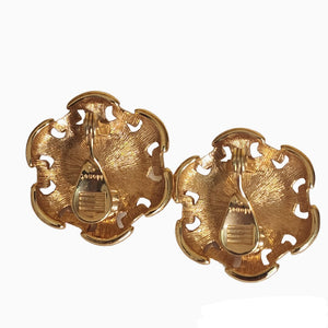 MONET Faux Mabe Pearl Gold Plated Clip On Vintage Earrings, Greek Key Earrings