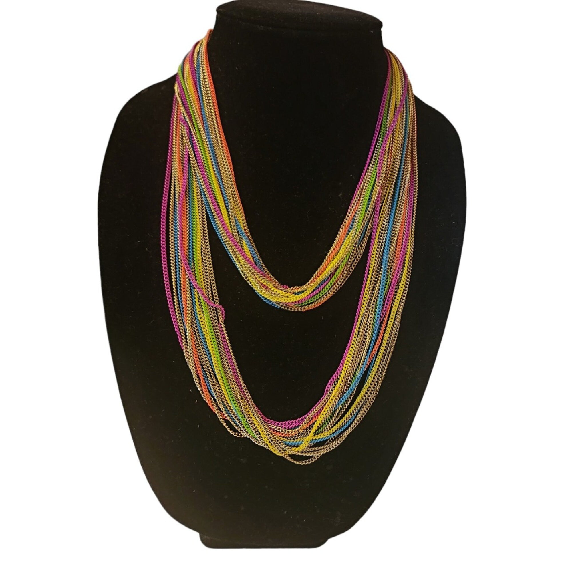Stunning Rainbow Enamel Multistrand Gold Plated Vintage Necklace