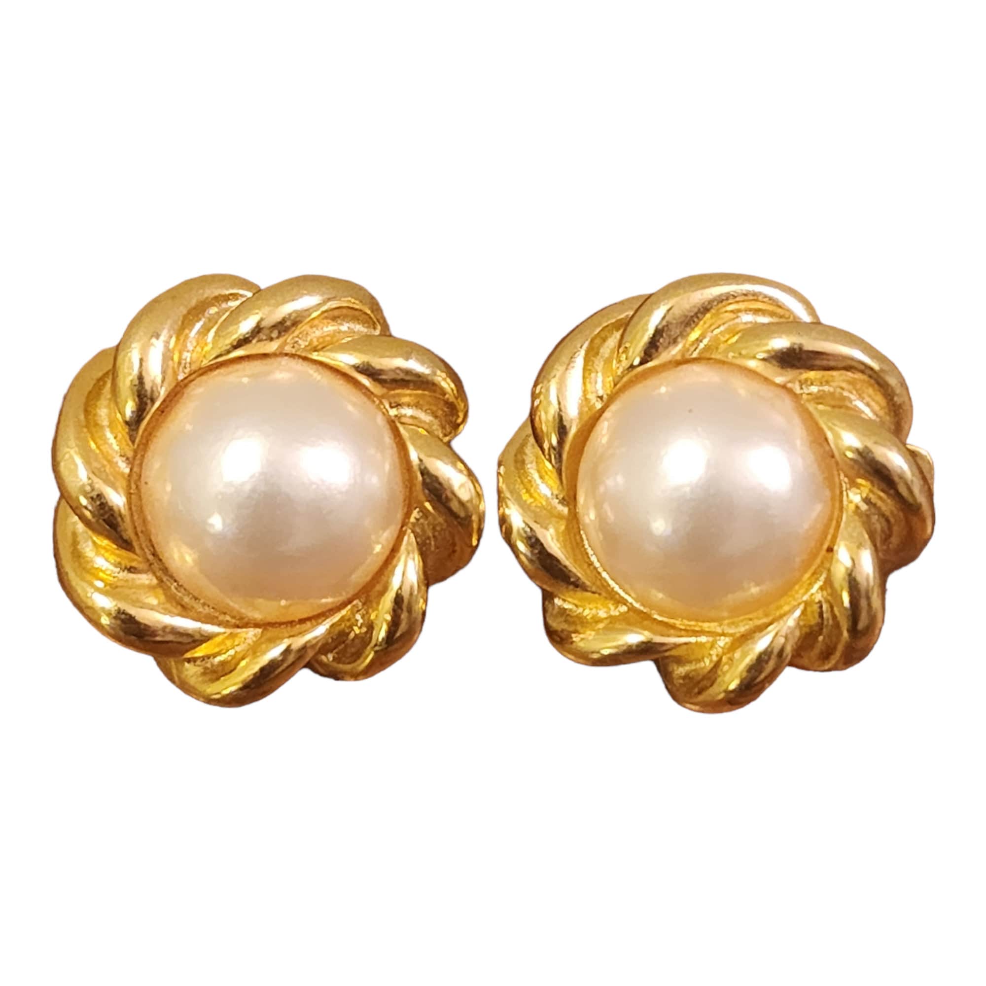 Elegant RICHELIEU Pearl Swirl Gold Plated Omega Back Pierced Vintage Earrings, Statement Earrings