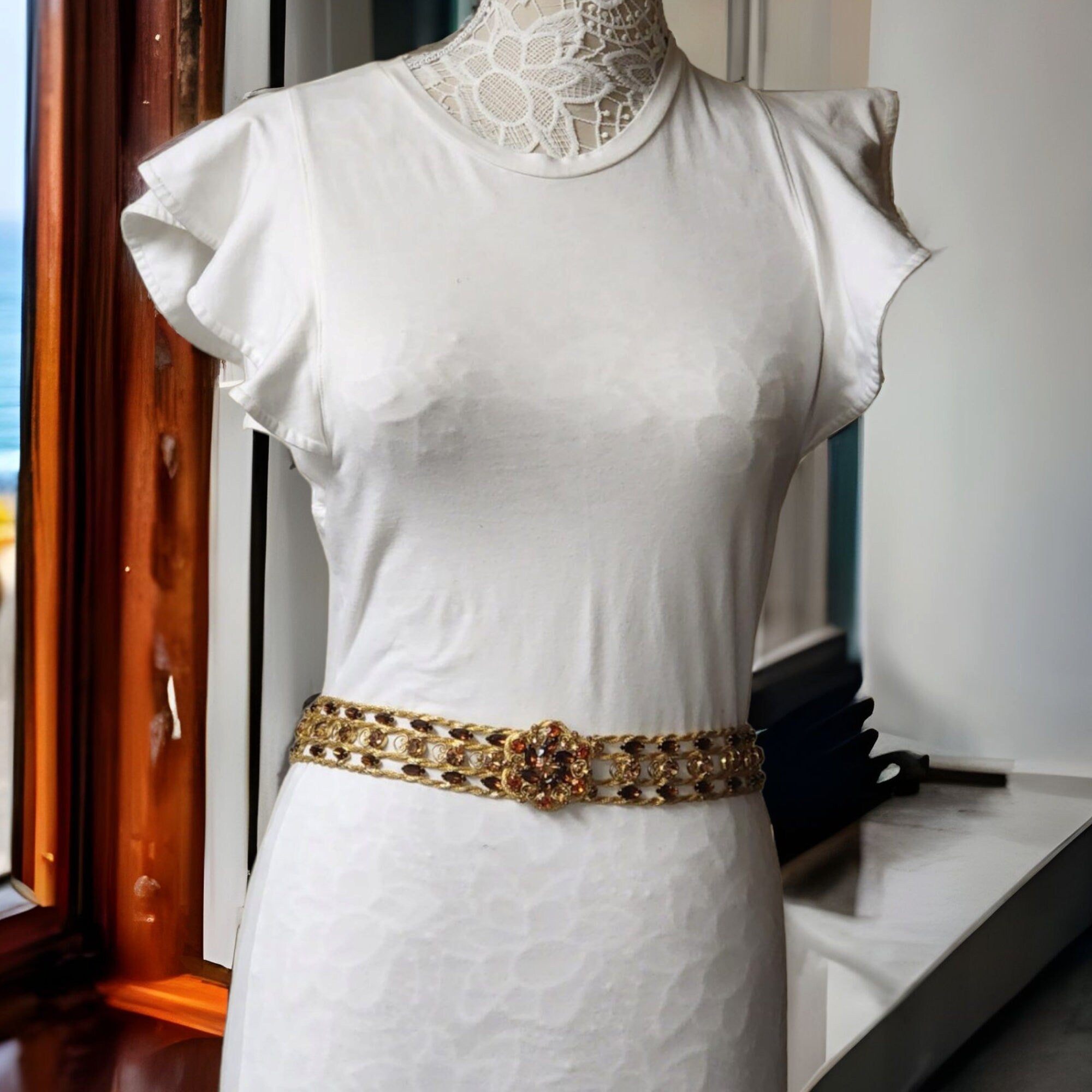 Stunning Yves Saint Lauren YSL Topaz Crystal Gold Plated Belt S-M