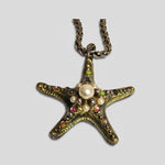 Huge CRAFT Starfish Guilloche Enamel Glass Vintage Pendant Wheat Woven Necklace