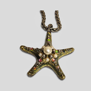Huge CRAFT Starfish Guilloche Enamel Glass Vintage Pendant Wheat Woven Necklace