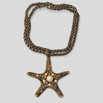 Huge CRAFT Starfish Guilloche Enamel Glass Vintage Pendant Wheat Woven Necklace