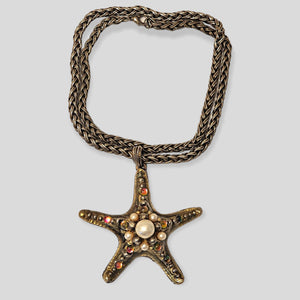 Huge CRAFT Starfish Guilloche Enamel Glass Vintage Pendant Wheat Woven Necklace