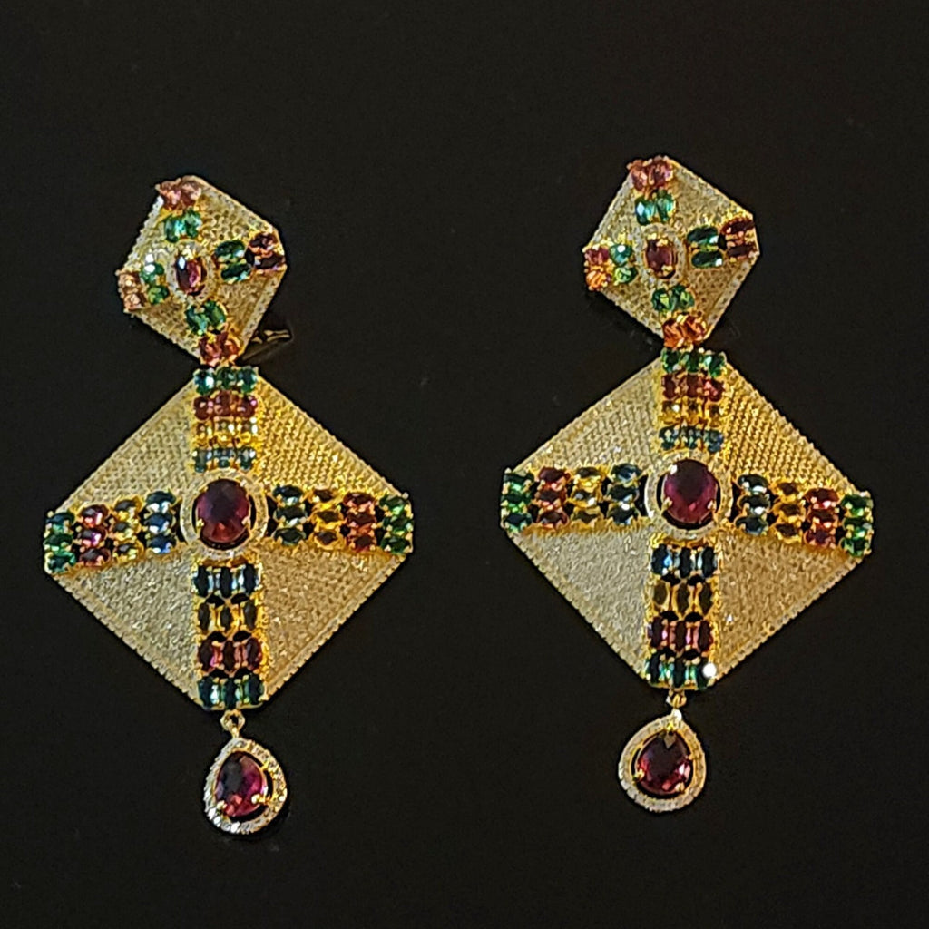 Maltese Cross Moghul Style Multicolor CZ Dangle Earrings, Runway, Couture Earrings