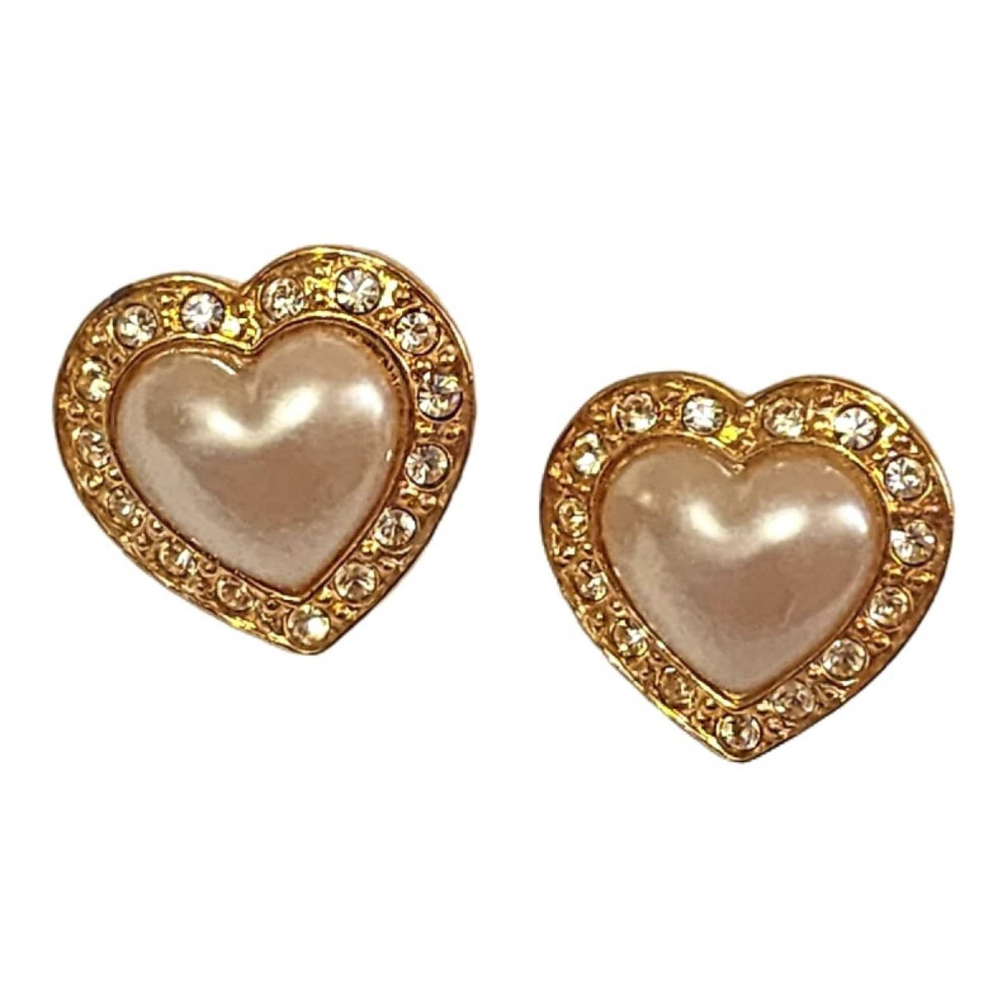 AVON Puffy Heart Pearl Crystal Gold Plated Pierced Vintage Earrings