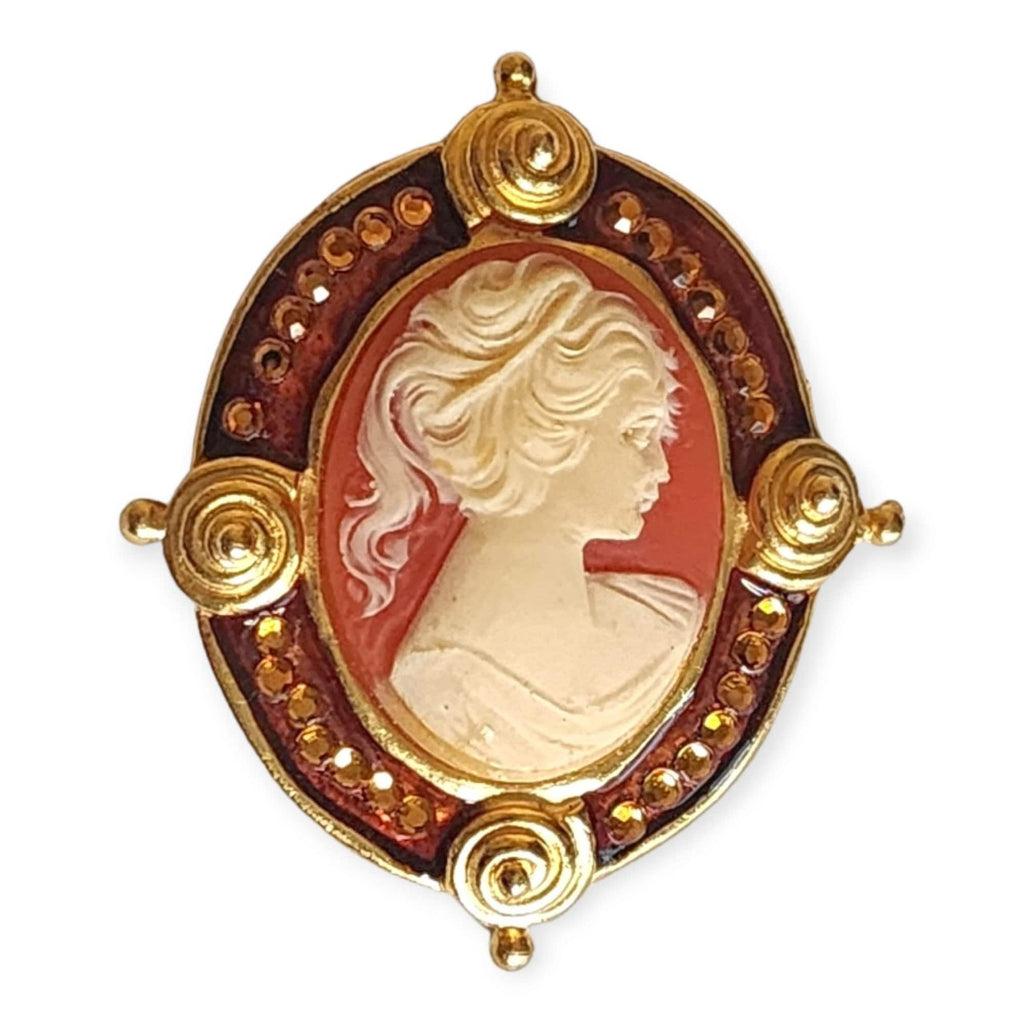 Stunning Large CRAFT Signed Cameo Portrait Amber Crystals Enamel Gold Plated Vintage Brooch Pin