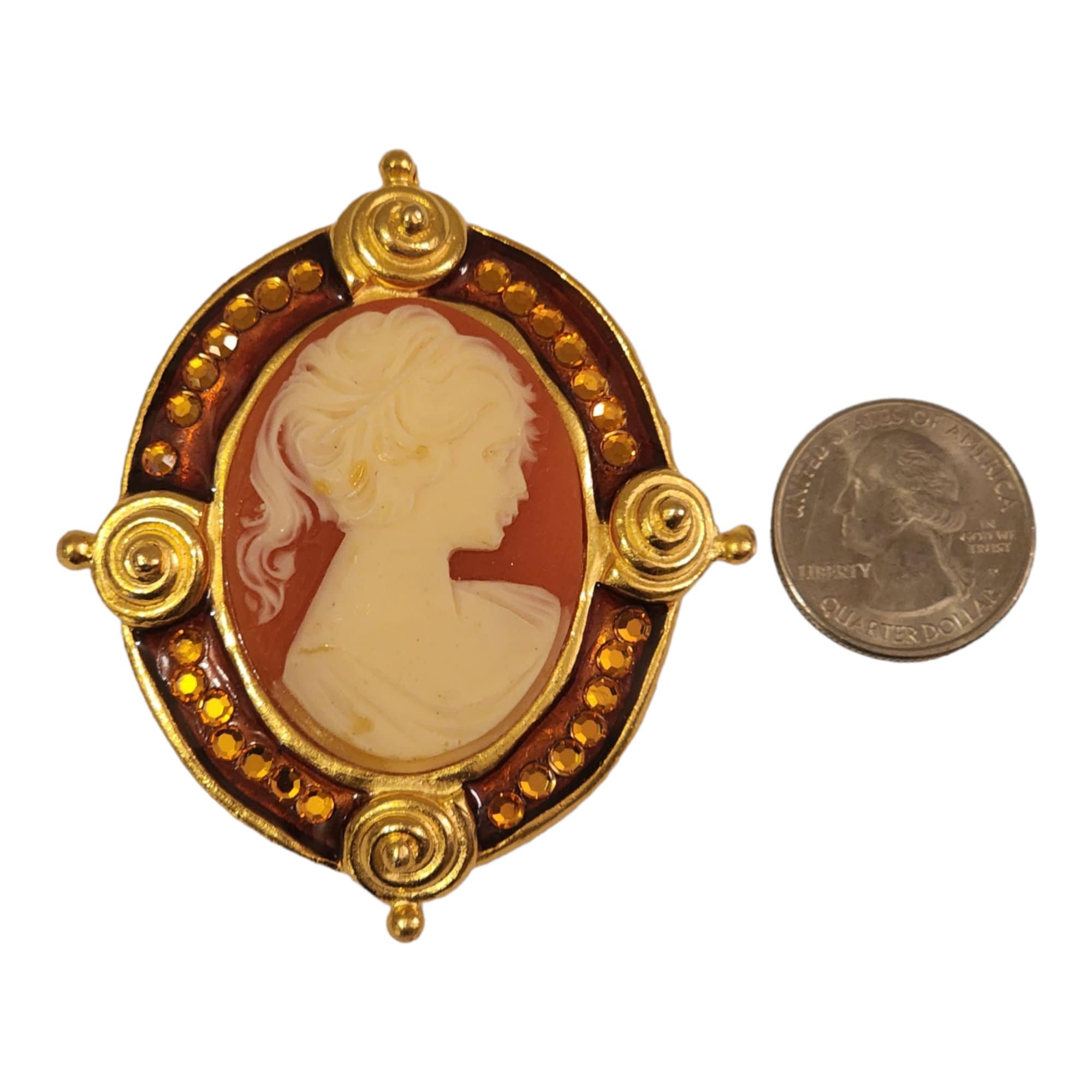 Stunning Large CRAFT Signed Cameo Portrait Amber Crystals Enamel Gold Plated Vintage Brooch Pin