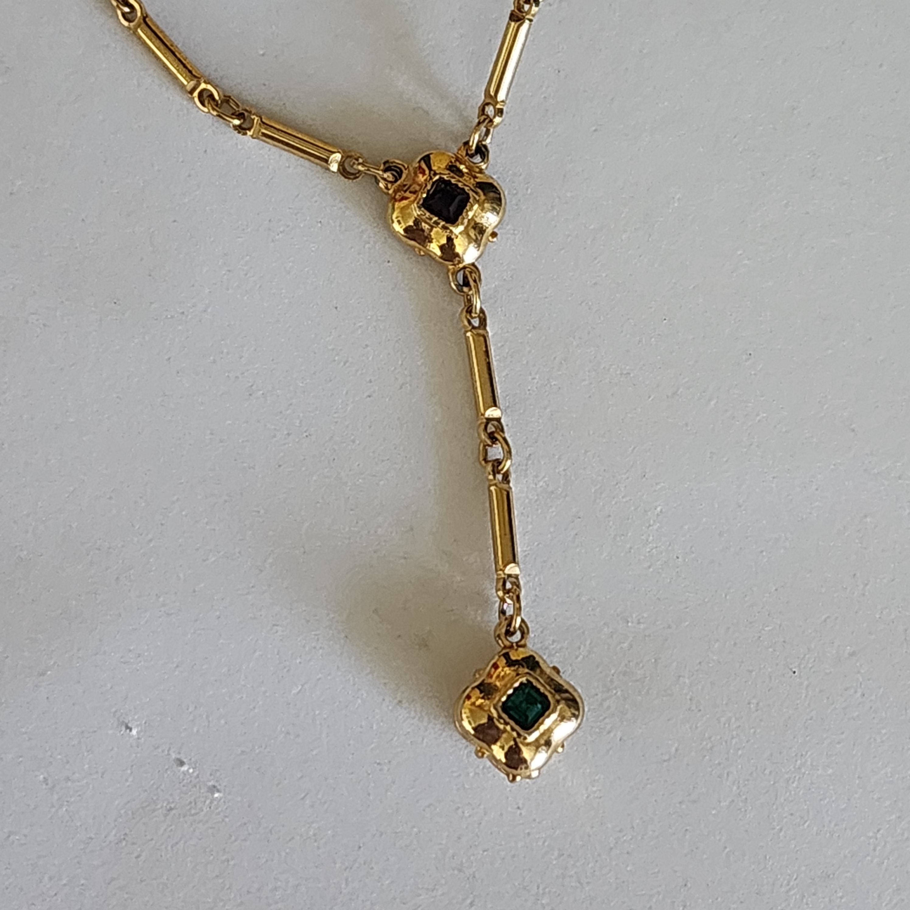 CRAFT Signed Glass Y-Lariat Gold Plated Vintage Necklace