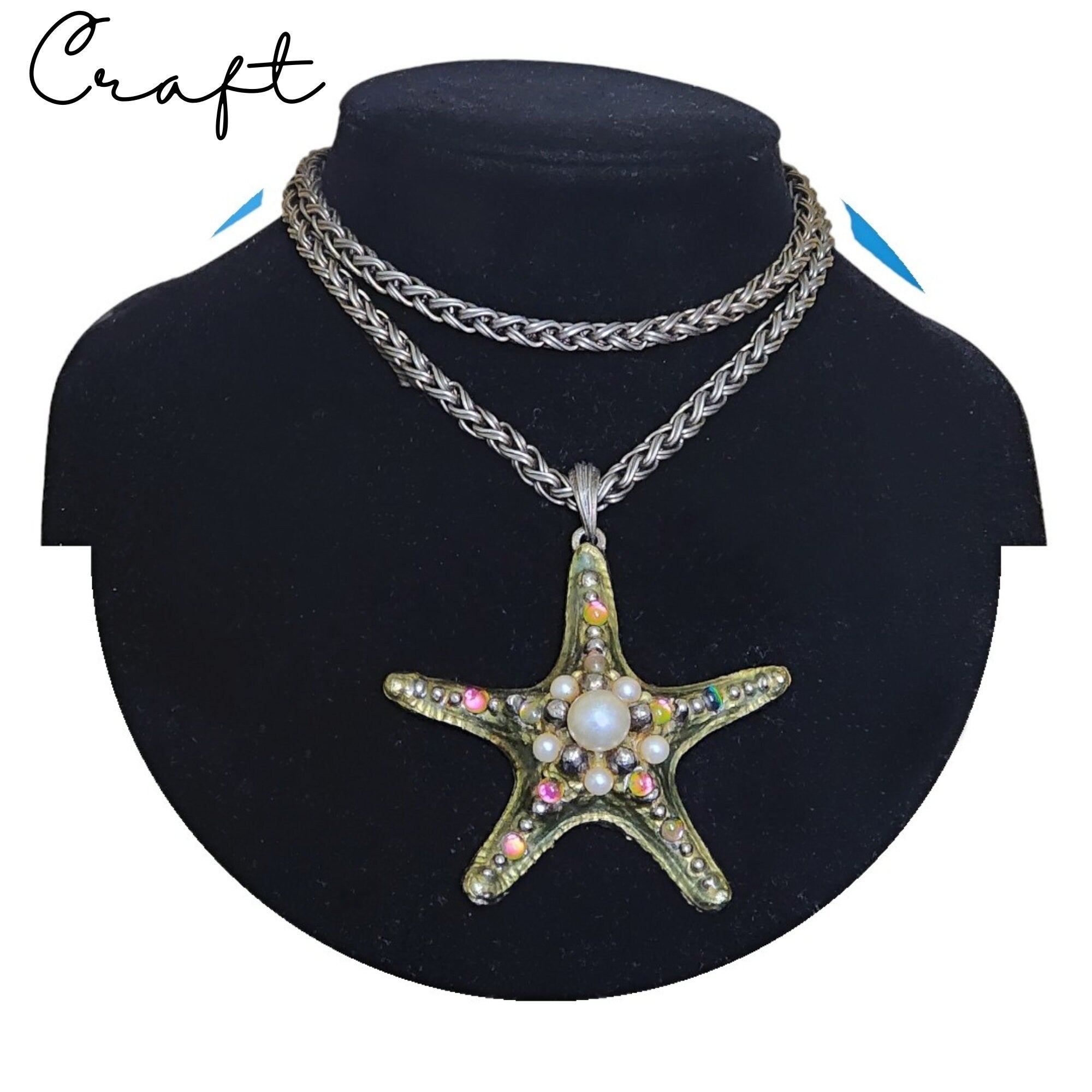 Huge CRAFT Starfish Guilloche Enamel Glass Vintage Pendant Wheat Woven Necklace