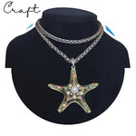 Huge CRAFT Starfish Guilloche Enamel Glass Vintage Pendant Wheat Woven Necklace