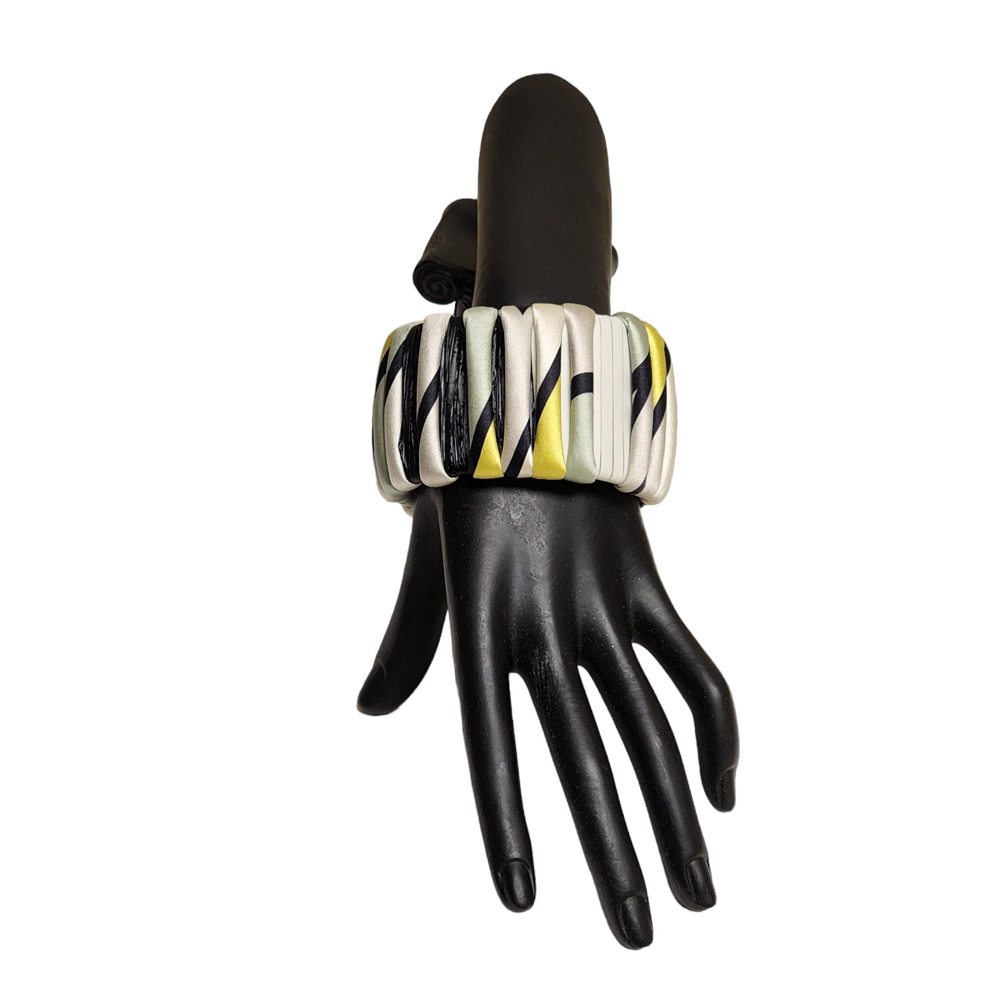 Wide Emilio Pucci Raffia Leather Silk Tubular Bright Yellow, Cream, Black Bracelet