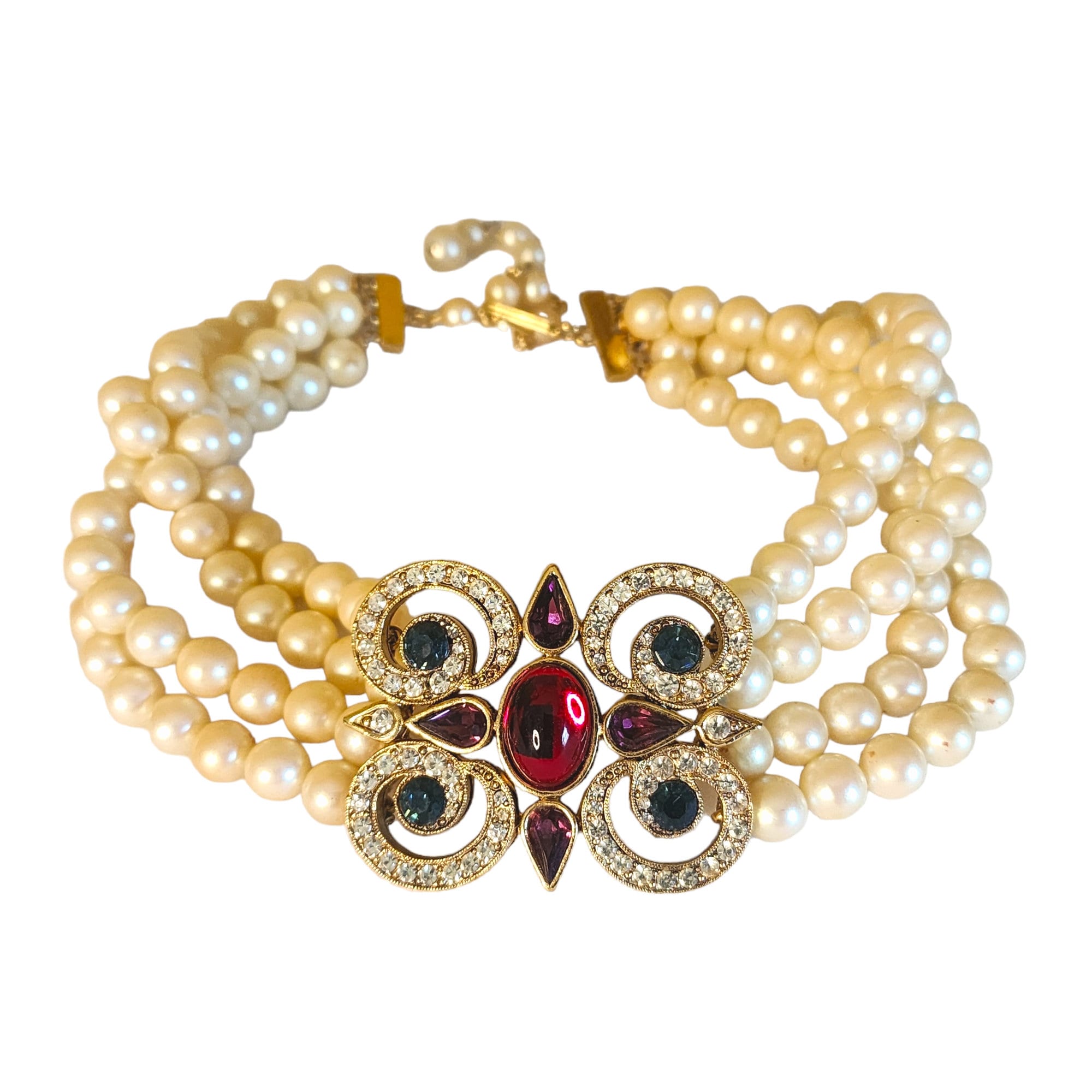 Stunning! Richelieu Faux Pearl Diamante Crystals Moghul Style Gold Plated Choker Vintage Necklace