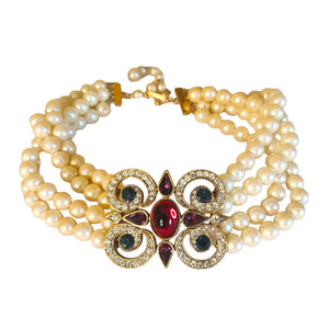 Stunning! Richelieu Faux Pearl Diamante Crystals Moghul Style Gold Plated Choker Vintage Necklace