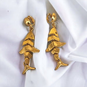 ANNE KLEIN Fish Bones Vintage Necklace Clip-on Earrings Brushed Matt Gold Platted, Couture
