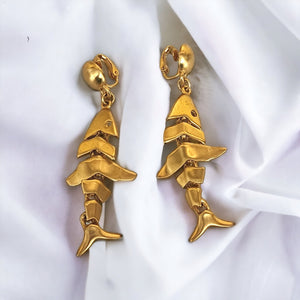 ANNE KLEIN Fish Bones Vintage Necklace Clip-on Earrings Brushed Matt Gold Platted, Couture