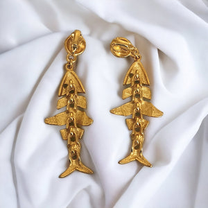 ANNE KLEIN Fish Bones Vintage Necklace Clip-on Earrings Brushed Matt Gold Platted, Couture
