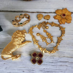 ANNE KLEIN Fish Bones Vintage Necklace Clip-on Earrings Brushed Matt Gold Platted, Couture