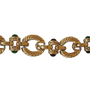 Jeweled Glass Gripoix Cabochons Gold Plated Mogul Cable Link Vintage Bracelet, Runway, Couture