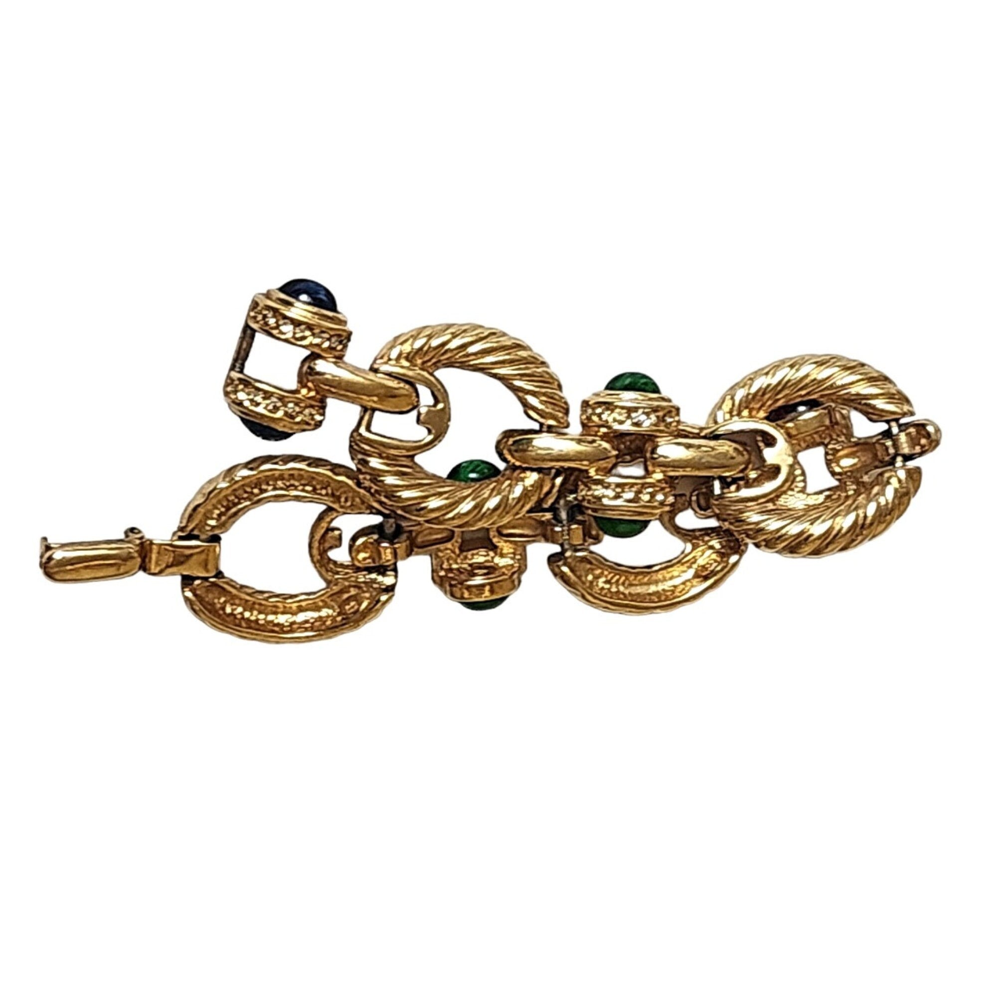 Jeweled Glass Gripoix Cabochons Gold Plated Mogul Cable Link Vintage Bracelet, Runway, Couture
