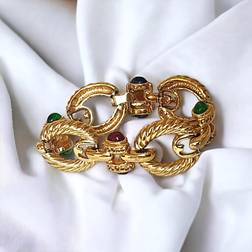 Jeweled Glass Gripoix Cabochons Gold Plated Mogul Cable Link Vintage Bracelet, Runway, Couture
