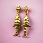 ANNE KLEIN Fish Bones Vintage Necklace Clip-on Earrings Brushed Matt Gold Platted, Couture